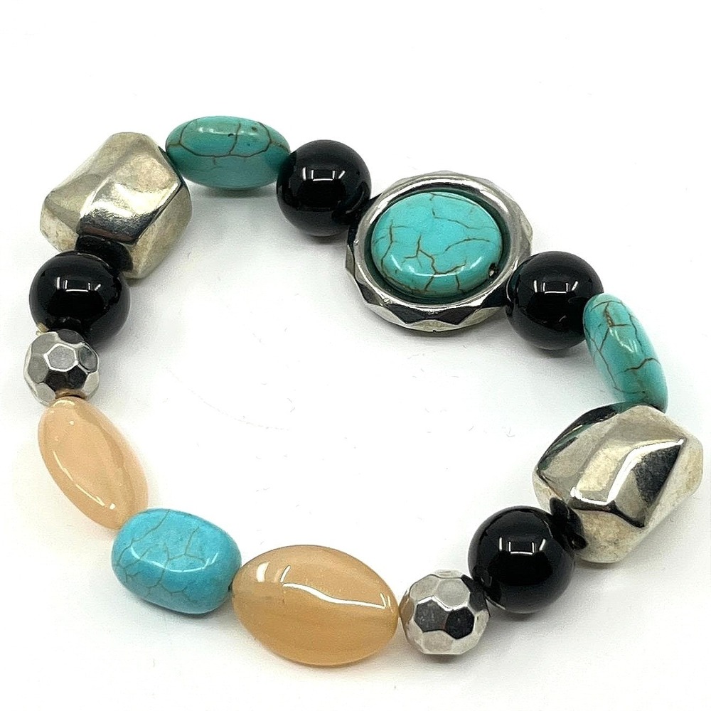 Vintage‎ Retro Turquoise & Onyx Style Beaded Stretch Bracelet Silver Accents